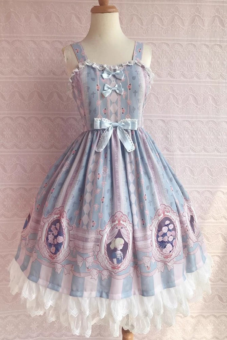 Doppellagiges süßes Lolita-JSK-Kleid mit Rüschen und Schleife im Rose Lover's Dream-Print, 3 Farben