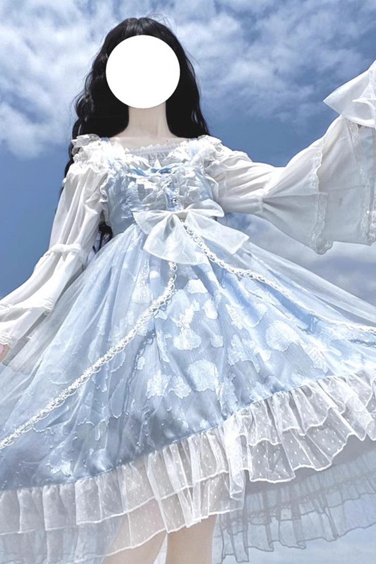 Hellblaues süßes Lolita JSK-Kleid aus Jacquard mit Rüschen und Schleife