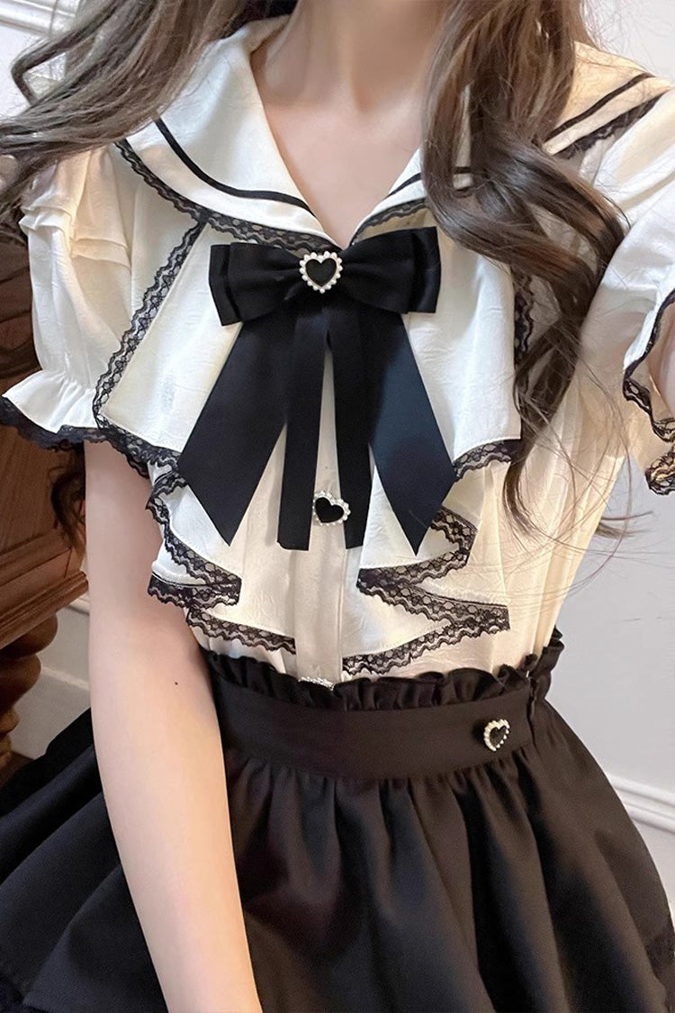 Black/White Sailor Collar Multi-Layered Ruffle Bowknot Jirai Kei Skirt Set