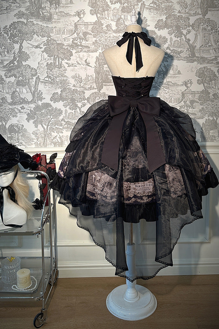 Black [The Mystery of The Doll] Halterneck Print Ruffle Bowknot Drawstring Gothic Lolita Dress