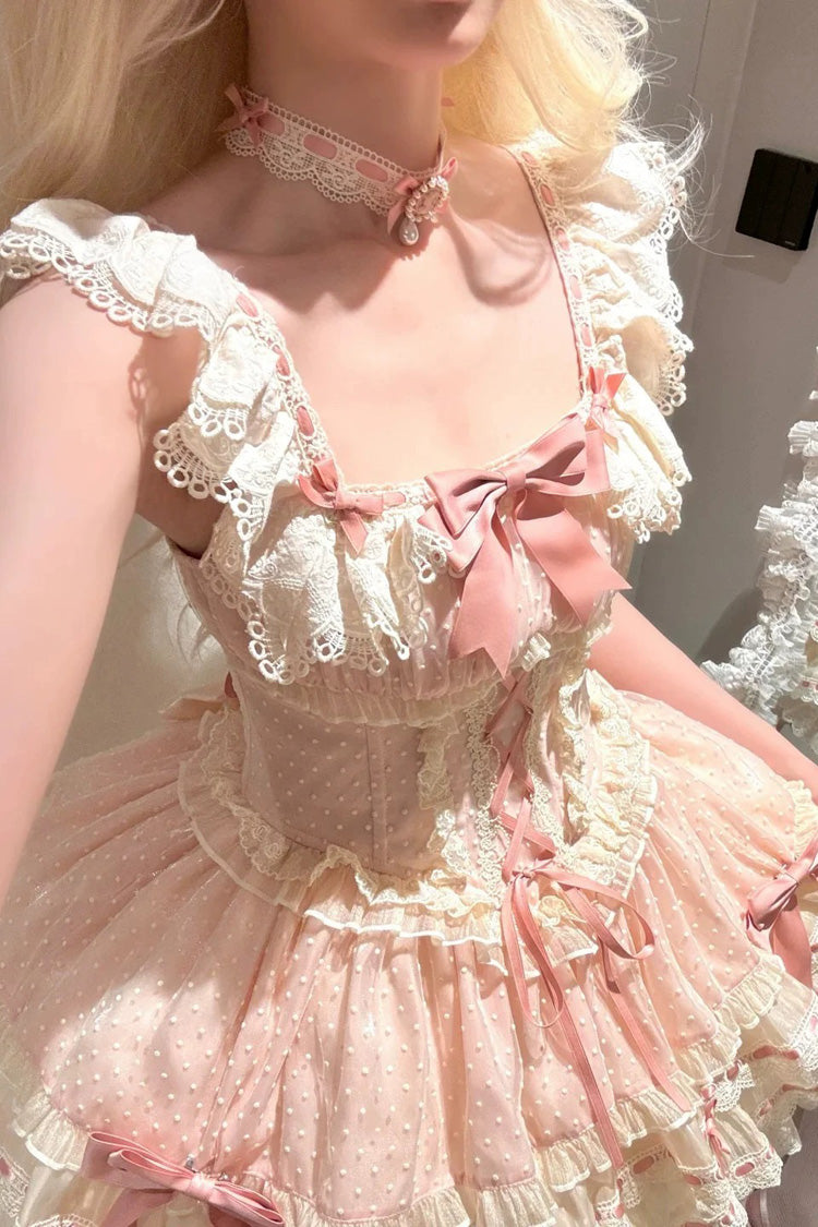 Pink Triple-Layered Bowknot Lace-Up Sweet Princess Ballet Lolita Jsk Dress