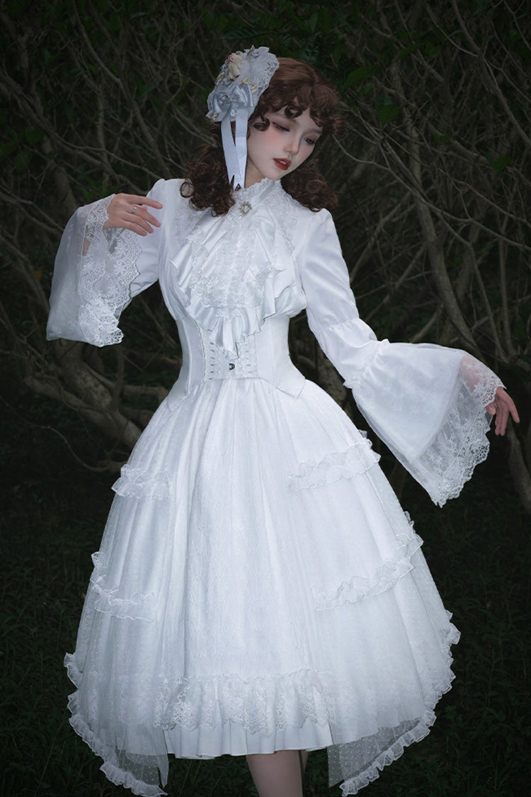 Weißes [Requiem] Stehkragen Langärmliges Gothic Lolita Kleid mit Rüschenspitze