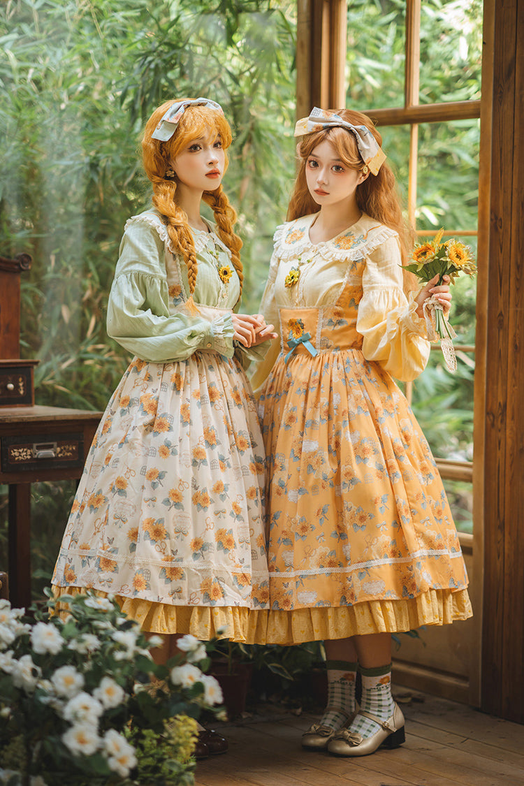 Apricot [Gardening Sunflower] Sleeveless Print Ruffle Bowknot Sweet Elegant Uplift Lolita Jsk Dress