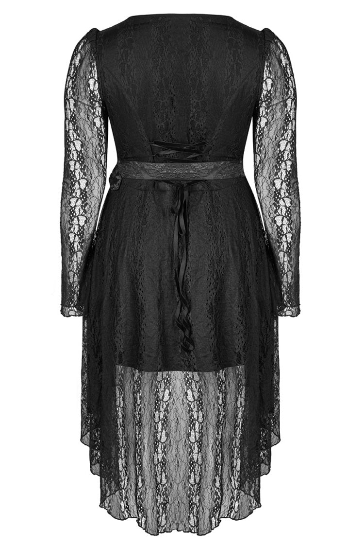 Black Elasticity Modal Cotton Fabric Patchwork Lace Metal Buckle Belt Long Hem Long Sleeve Women's Plus Size Gothic Dress