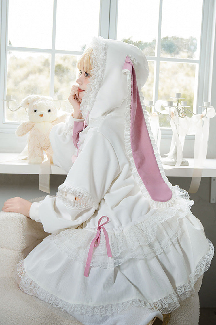 White Rabbit Ears Hooded Bowknot Lace Sweet Lolita Coat Set