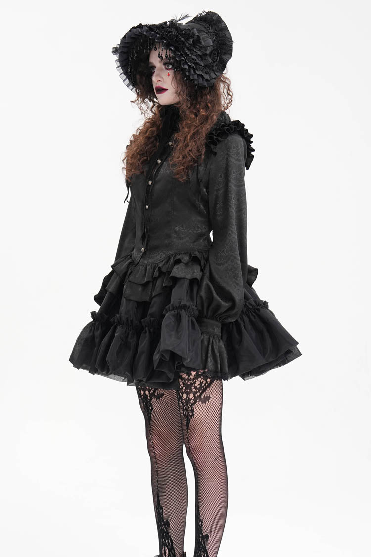 Black Long Sleeves Print Ruffle Lace Women's Gothic Blouse