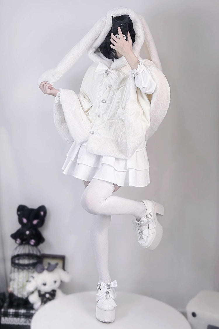 Rabbit Ears Hooded Single Breasted Bowknot Sweet Lolita Cloak Coat 2 Colors