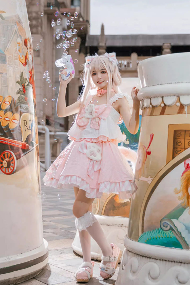 Pink [Miss Meow] Print Ruffle Bowknot Sweet Lolita Skirt Set