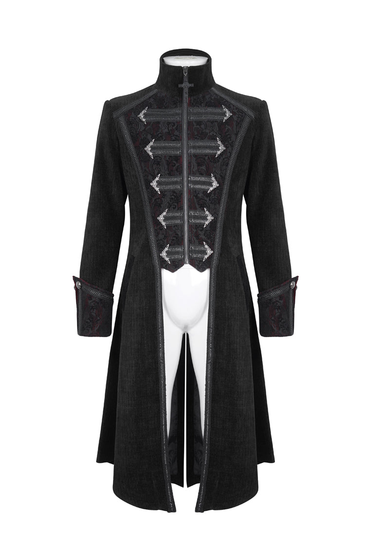 Black Stand Collar Long Sleeves Embroidery Slim Men's Gothic Coat