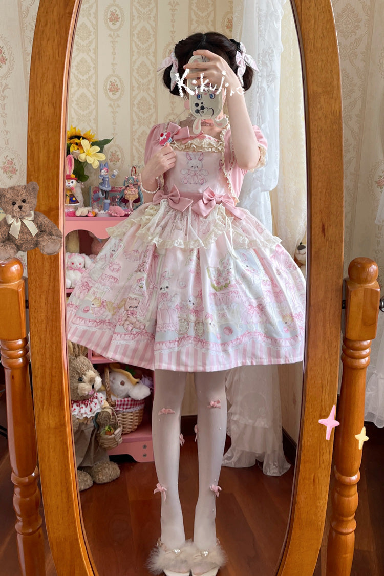 Süßes Lolita-Kleid mit Kaninchen-Bär-Druck, Rüschen und Schleife, 3 Farben