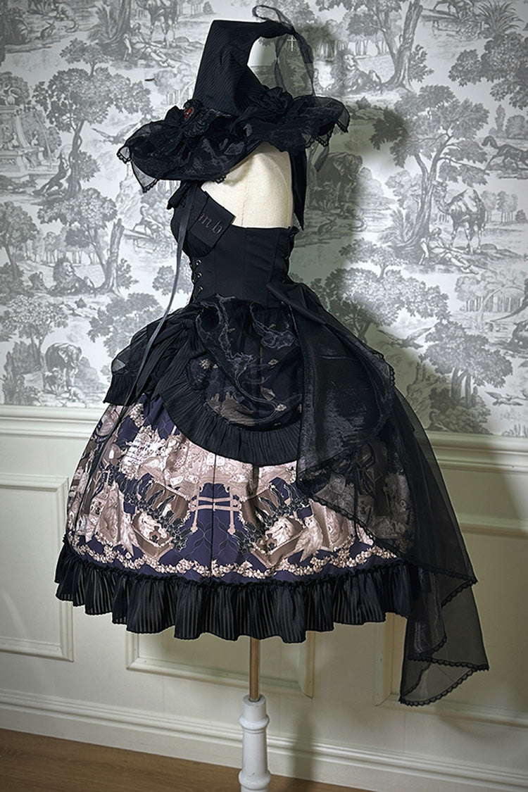 Black [The Mystery of The Doll] Halterneck Print Ruffle Bowknot Drawstring Gothic Lolita Dress