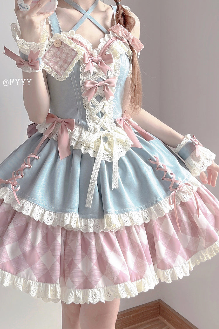 Blue/Pink [Sweetheart Cowboy] Plaid Print Ruffle Bowknot Sweet Lolita Skirt Set