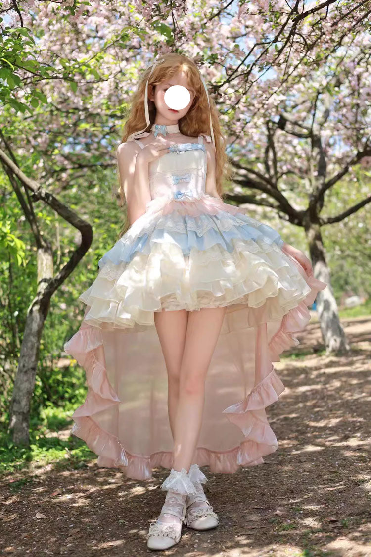 Blue/Pink/Apricot Multi-layer Ruffle Bowknot Sweet Princess Lolita Tiered Dress