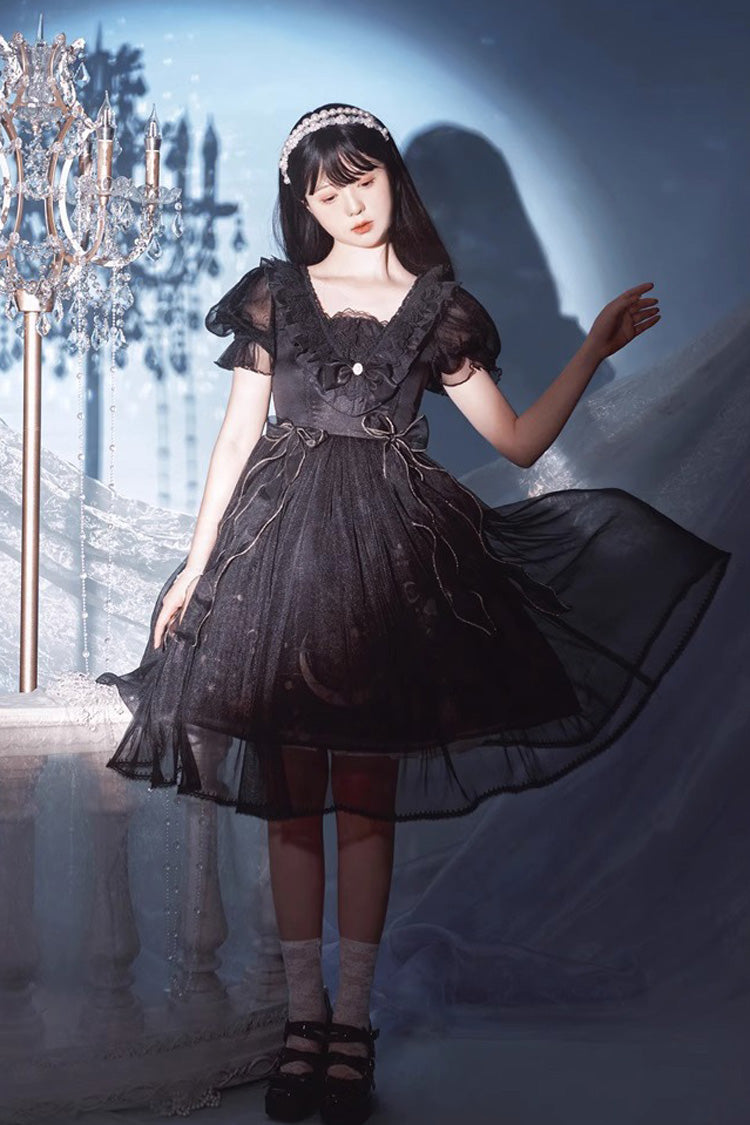 Schwarzes Gothic Lolita Kleid mit Rüschenspitze und Planet-Schmetterlings-Print und hoher Taille