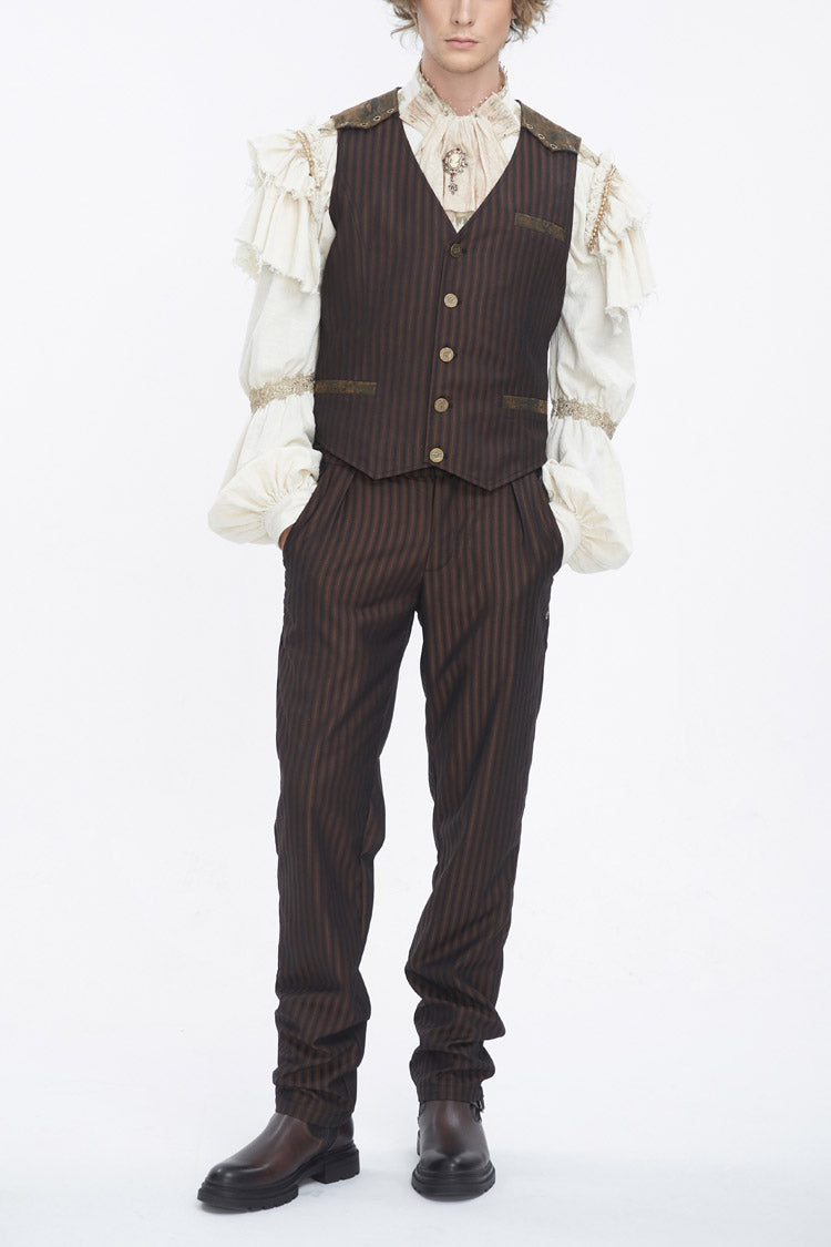 Brown Striped V Collar Stitching Slim Men's Gothic Vest