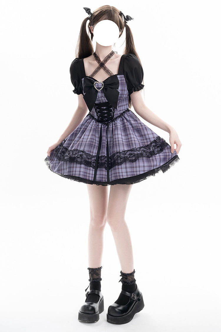 Lila [Witch Time] Süßes Lolita-Kleid mit kurzen Puffärmeln, Karomuster und Schleife