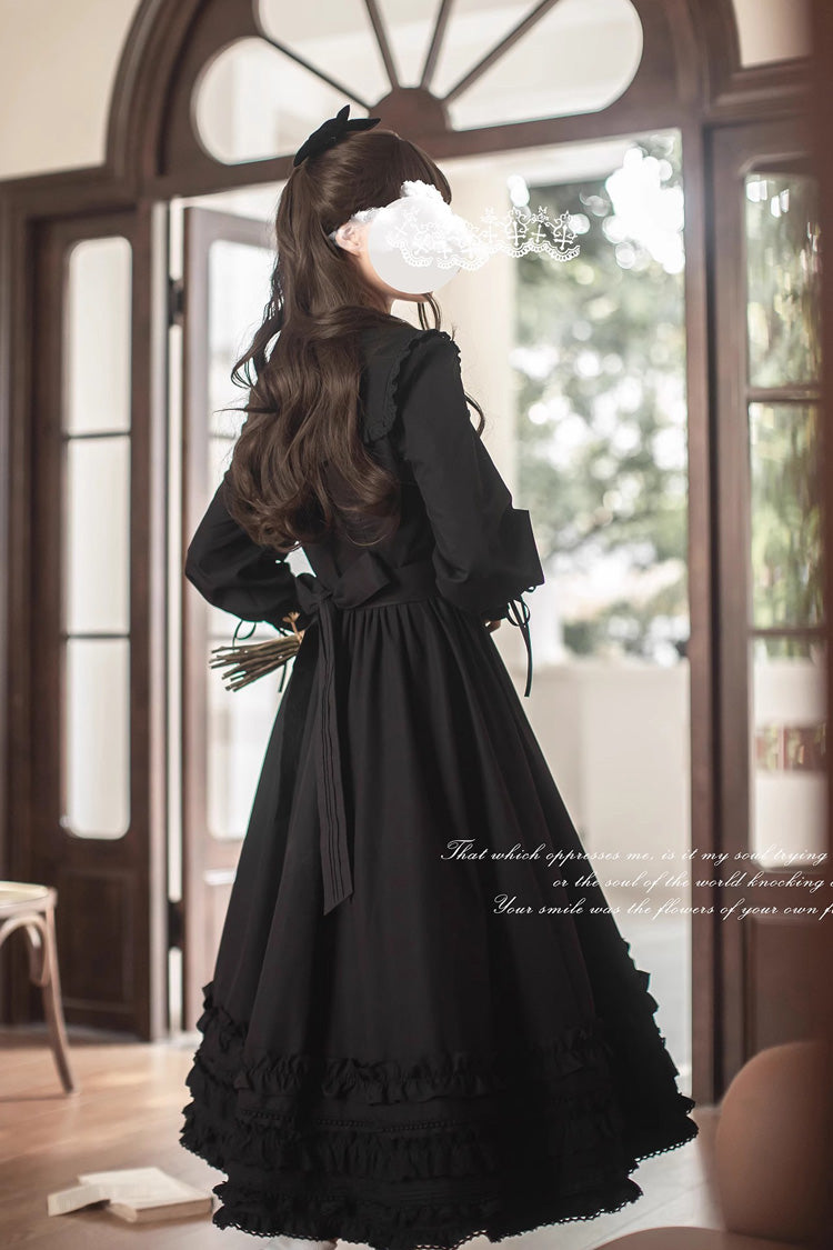 Black [Wind Kissed Tulips] Long Sleeves Ruffle Embroidery Bowknot Gothic Vintage Elegant Lolita Dress