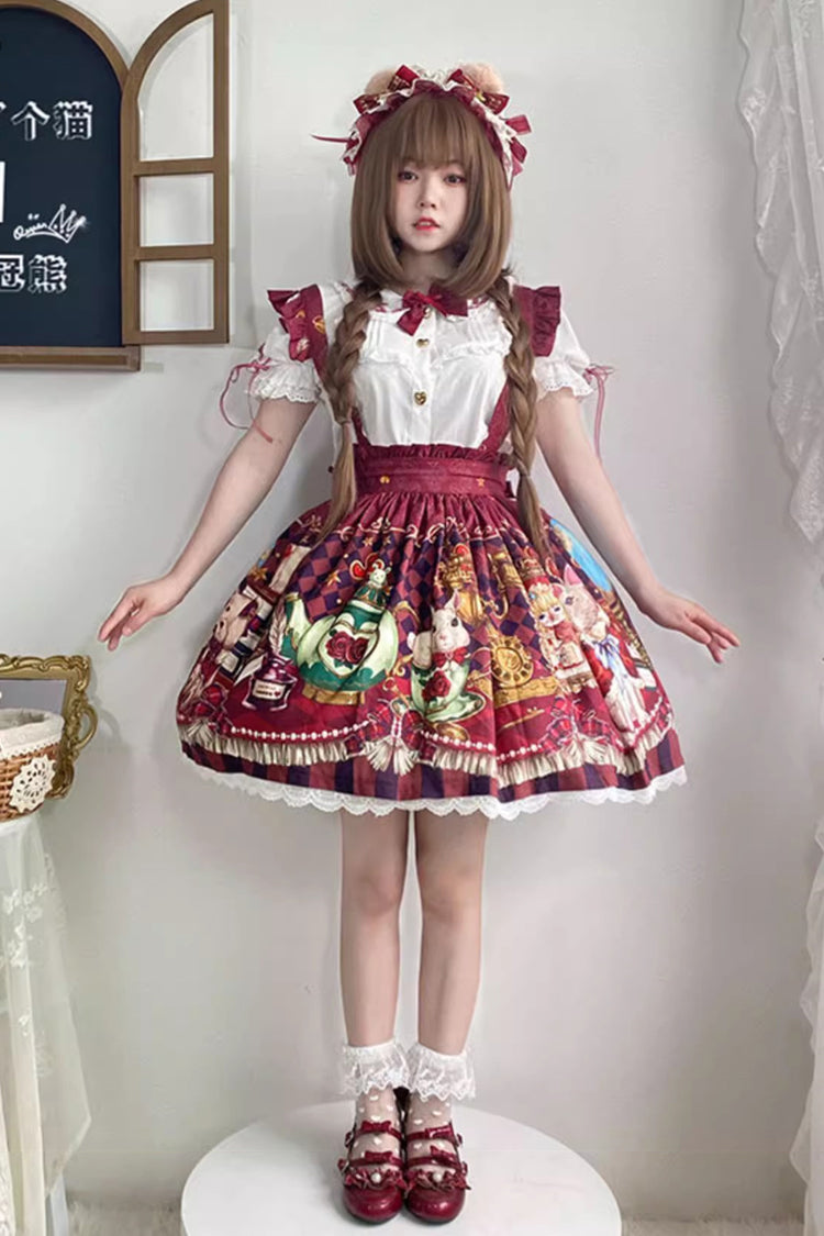 Red [Rabbit and Bear Feast] Print Ruffle Bowknot Sweet Lolita Skirt