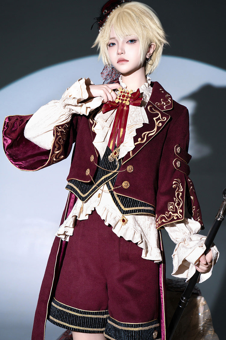 Red [Royal Heir] Embroidery Classic Military Gorgeous Handsome Ouji Lolita Coat Blouse Shorts Set