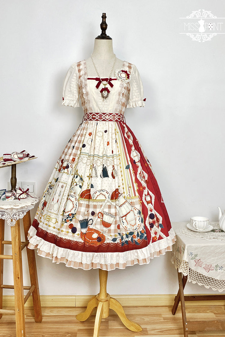 Red [Tea Party] Short Sleeves Print Ruffle Bowknot Lace Sweet Elegant Lolita Dress