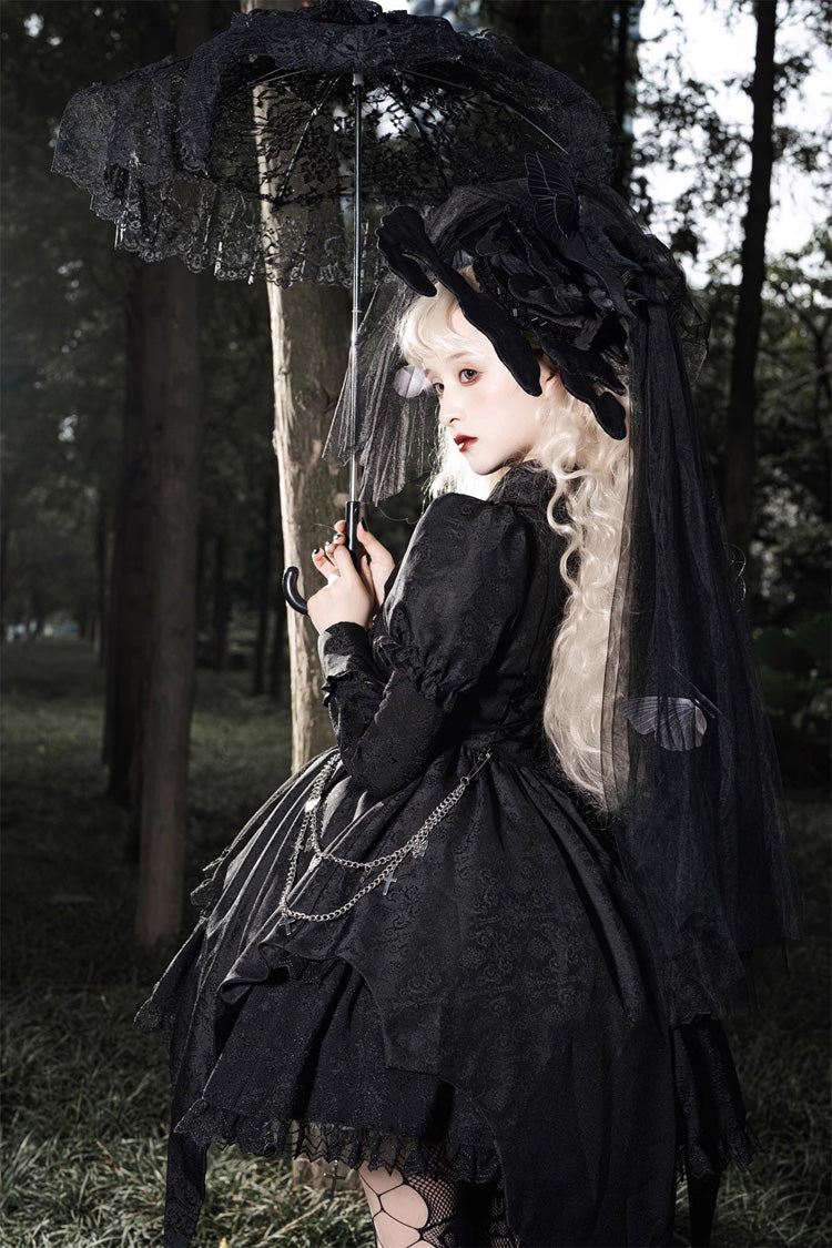 Black Dark Night Law Long Sleeves High Waisted Cardigan Bowknot Lace Gothic Lolita Dress