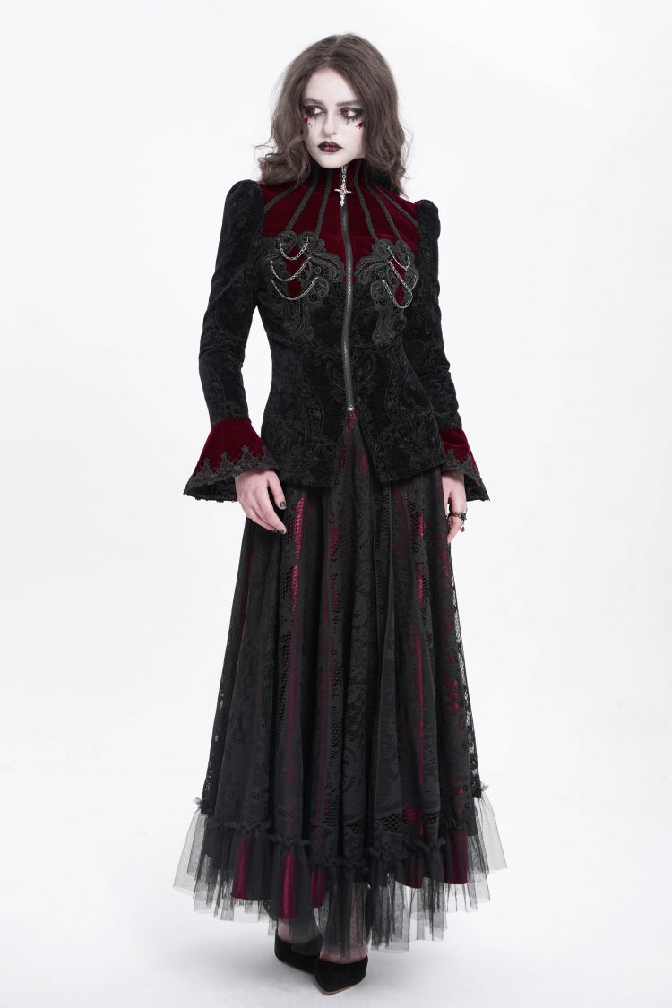 Black/Red Stand Collar Long Trumpet Sleeves Embroidery Women's Gothic Jacket