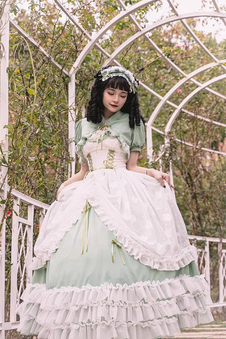 Grünes, mehrlagiges Hanayome-Spitzenkleid mit Rüschen und Schnürung in Übergröße, süßes Lolita-JSK-Kleid (lange Version)