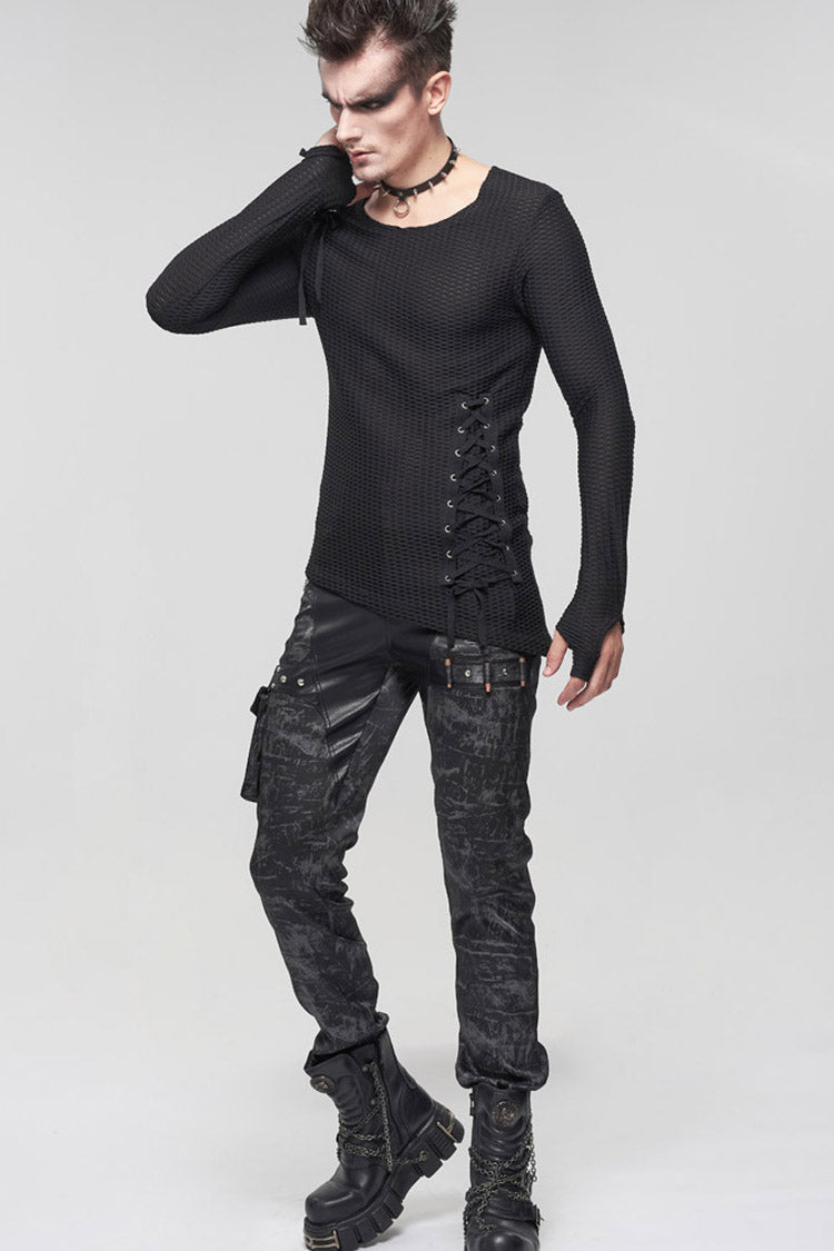 Black Gothic Asymmetry Drawstring Decoration Coarse Net Men's Shirt