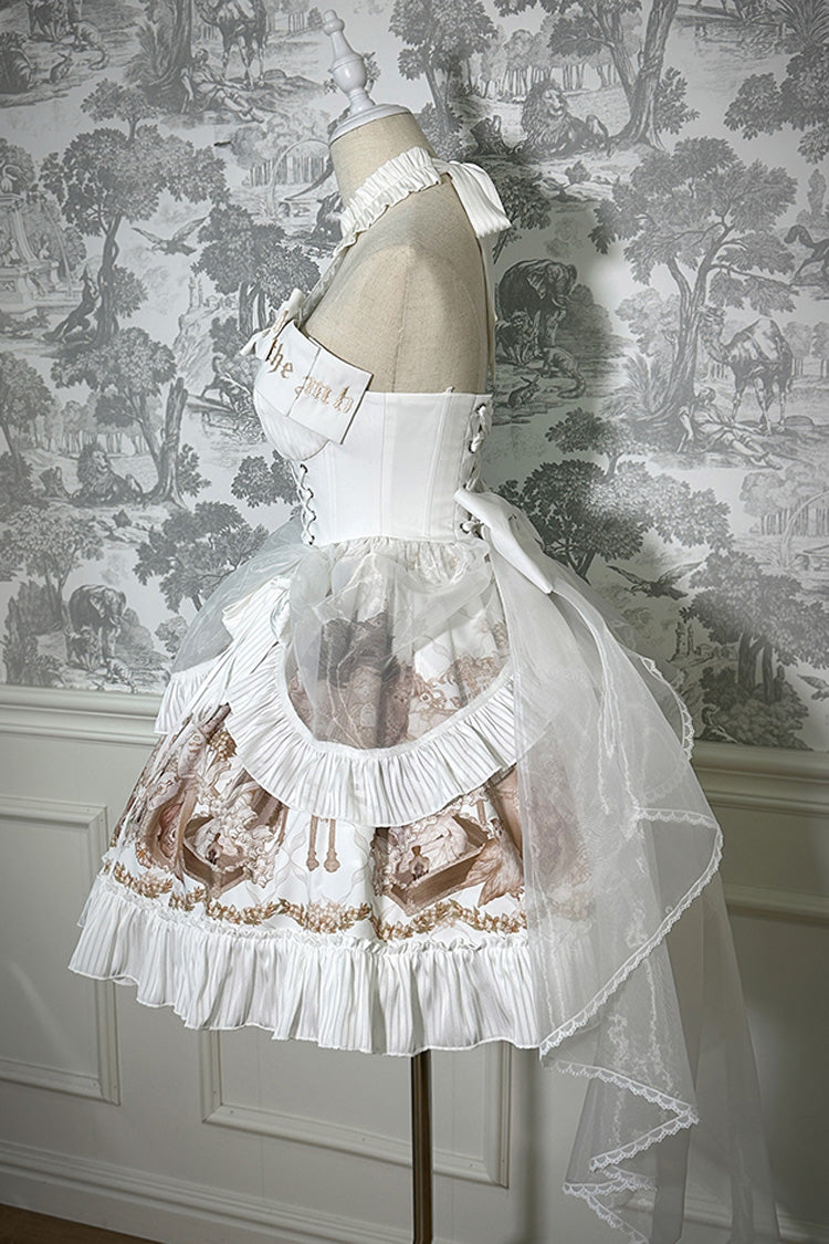 White [The Mystery of The Doll] Halterneck Print Ruffle Bowknot Drawstring Gothic Lolita Dress