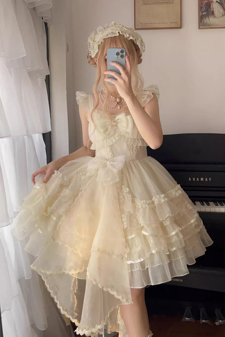 Aprikosenfarbenes, einfarbiges, mehrlagiges Hanayome Sweet Lolita JSK-Kleid mit Rüschen