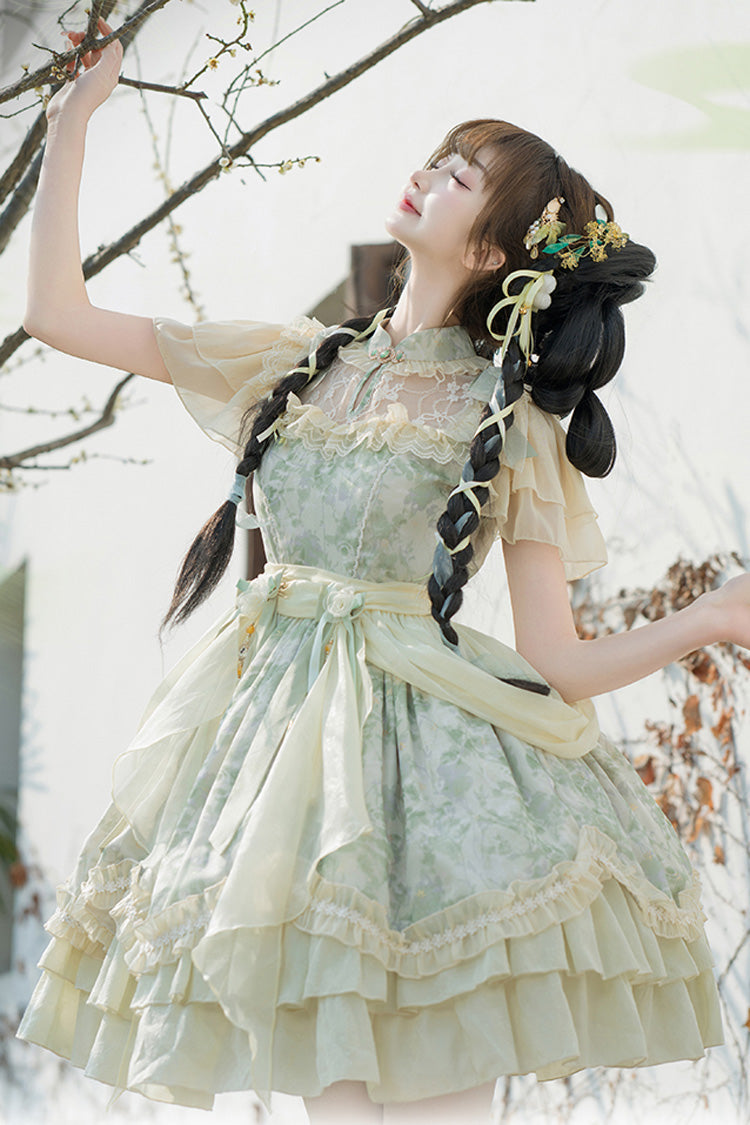 Grüner Pfeffer Chiffon Doppellagiges Rüschen Schleife Spitze Süßes Lolita Kleid im chinesischen Stil