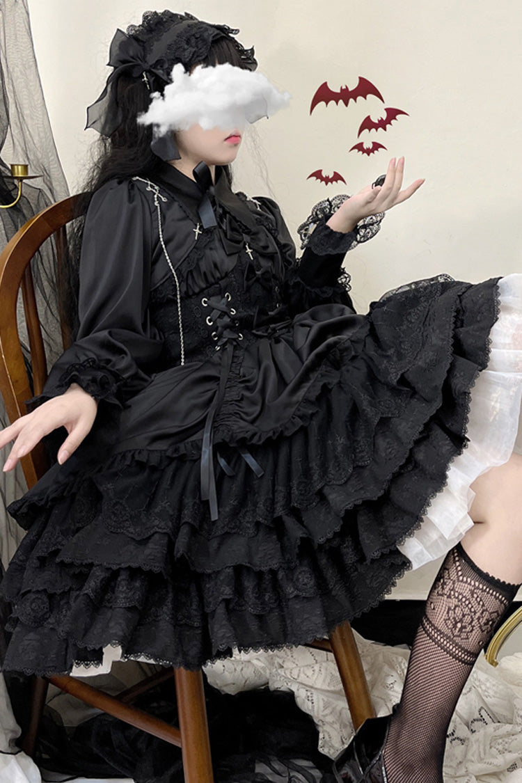 Black [Cross of Merit] Multi-Layered Bowknot Lace Gothic Lolita Jsk Dress