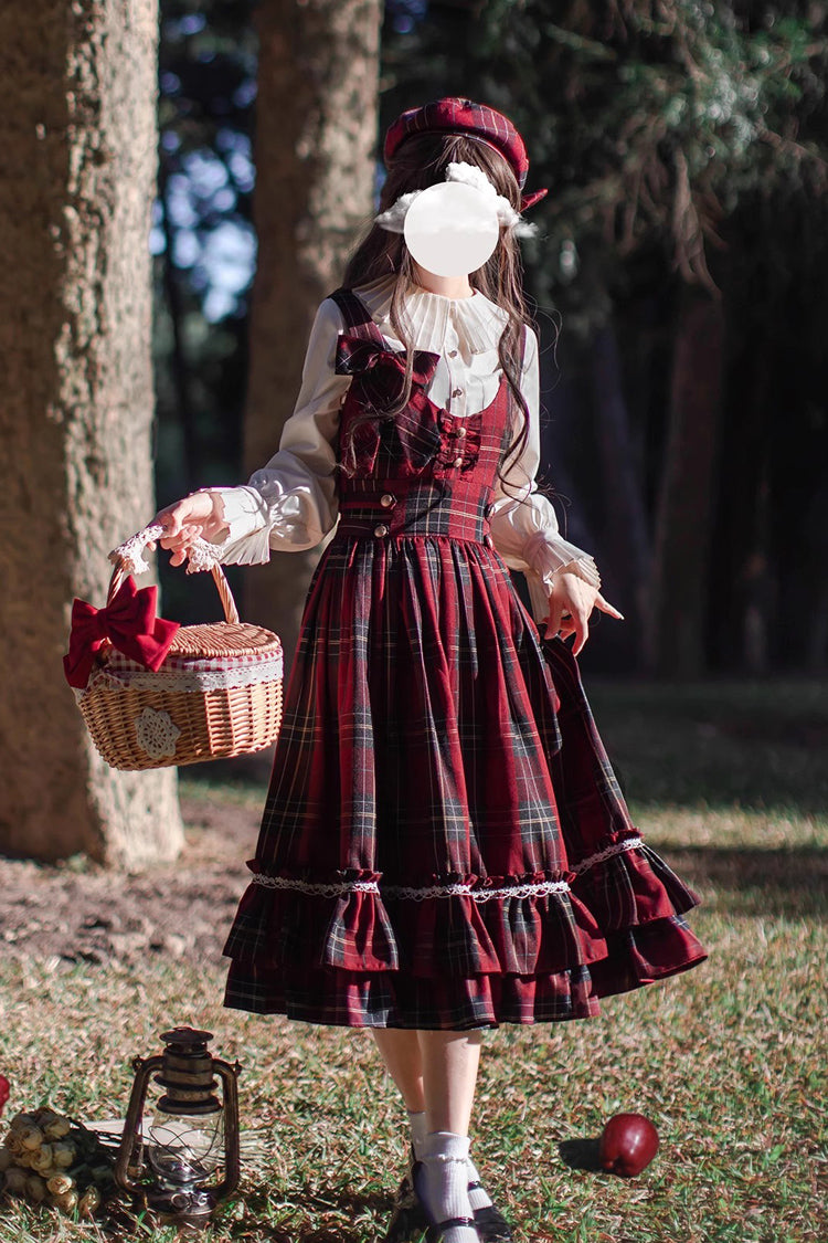 Red [Little Red Riding Hood] Double-Layered Plaid Print Ruffle Bowknot Sweet Vintage Lolita Jumper Dress