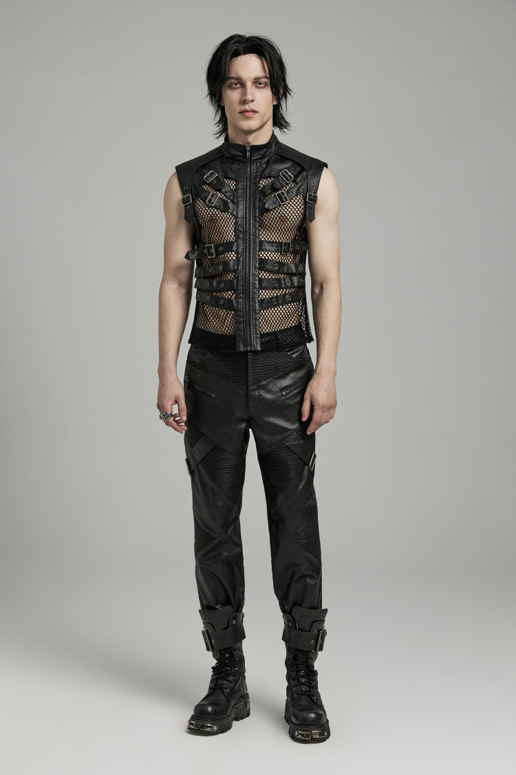 Black Multi-buckles Hollow Mesh Faux Leather Men's Punk Vest