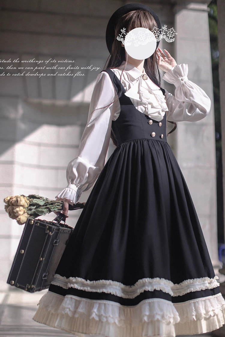 Schwarzes [Hathaway] Elegantes Lolita-Pulloverkleid mit Rüschen und Schleife