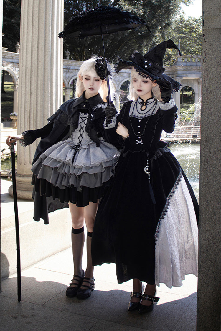 Black Witch Long Sleeves Ruffle Bowknot Stitching Lace Gothic Lolita Long Dress