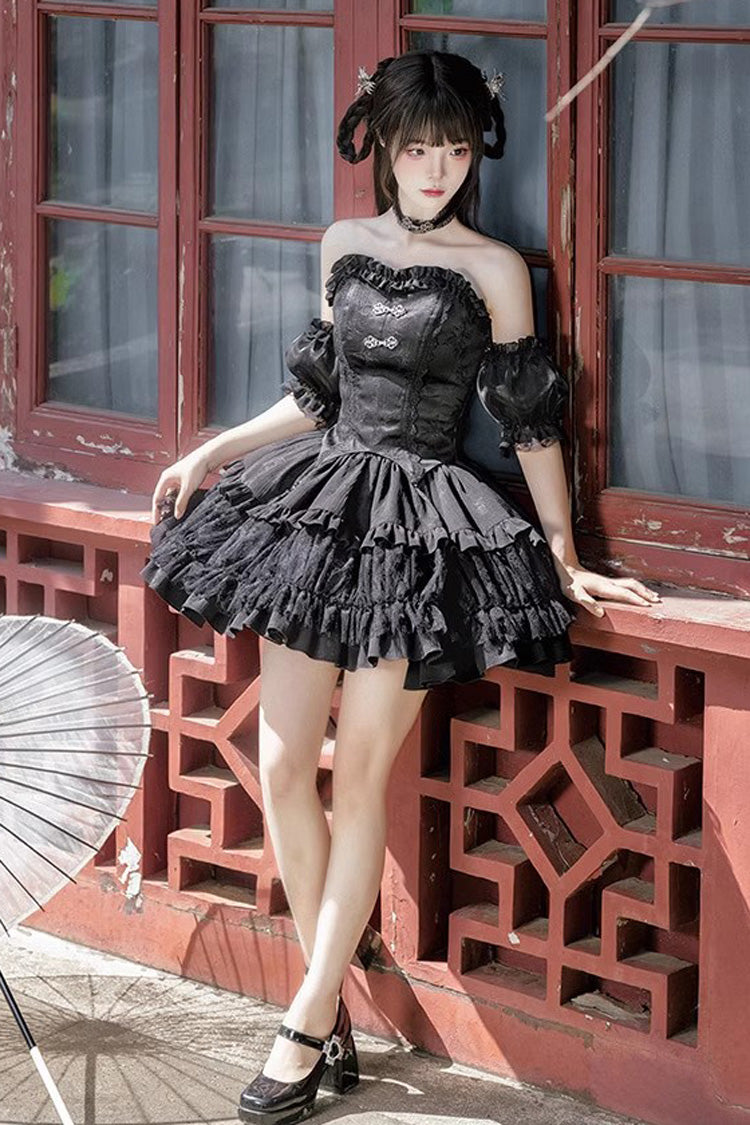Black Bamboo Dream Multi-layer Dark Pattern Print Ruffle Gothic Lolita Skirt Set