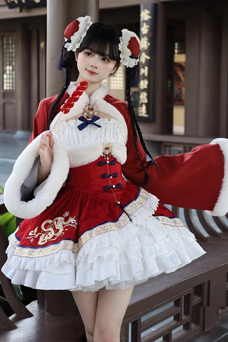 Mehrlagiges Rüschen-Stickerei-Schleifen-Kleid im süßen chinesischen Lolita-JSK-Stil, 2 Farben