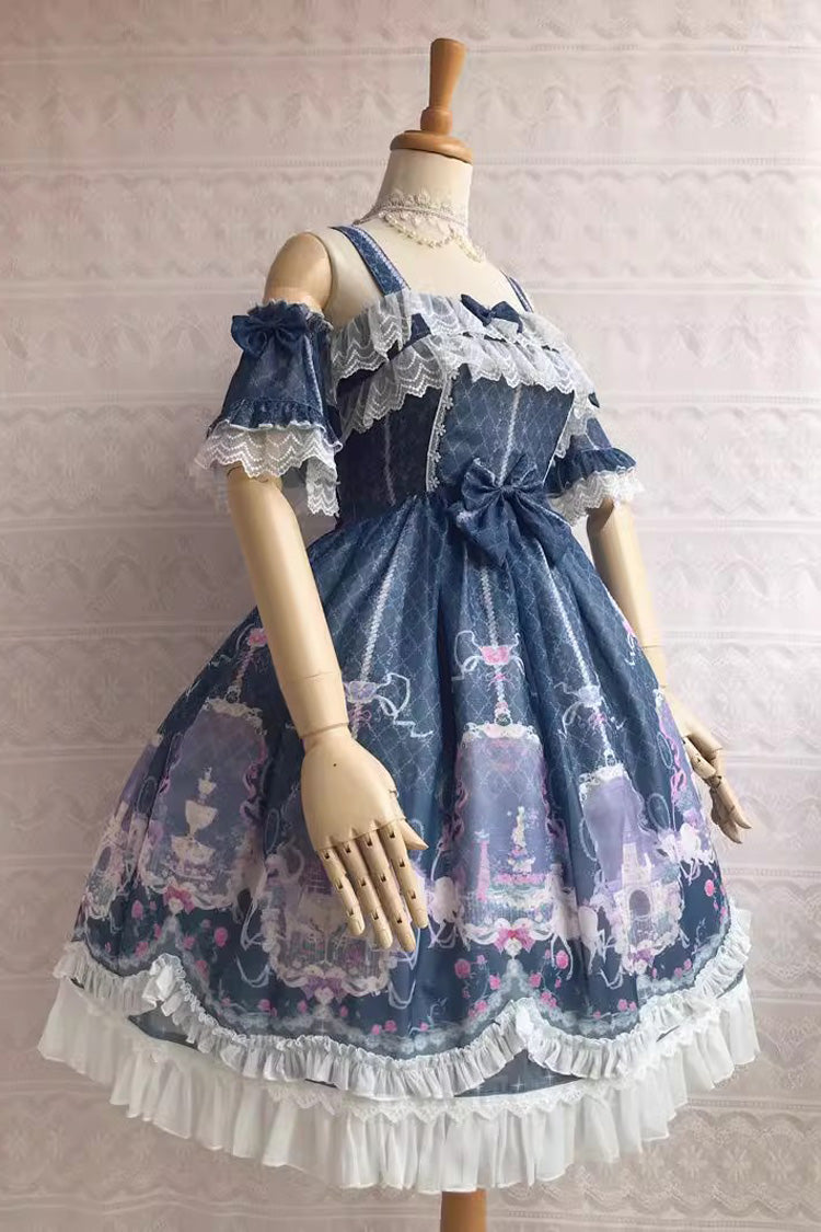 Süßes Lolita-JSK-Kleid mit Rüschen und Schleife im Unicorn's Secret Garden-Print, 7 Farben