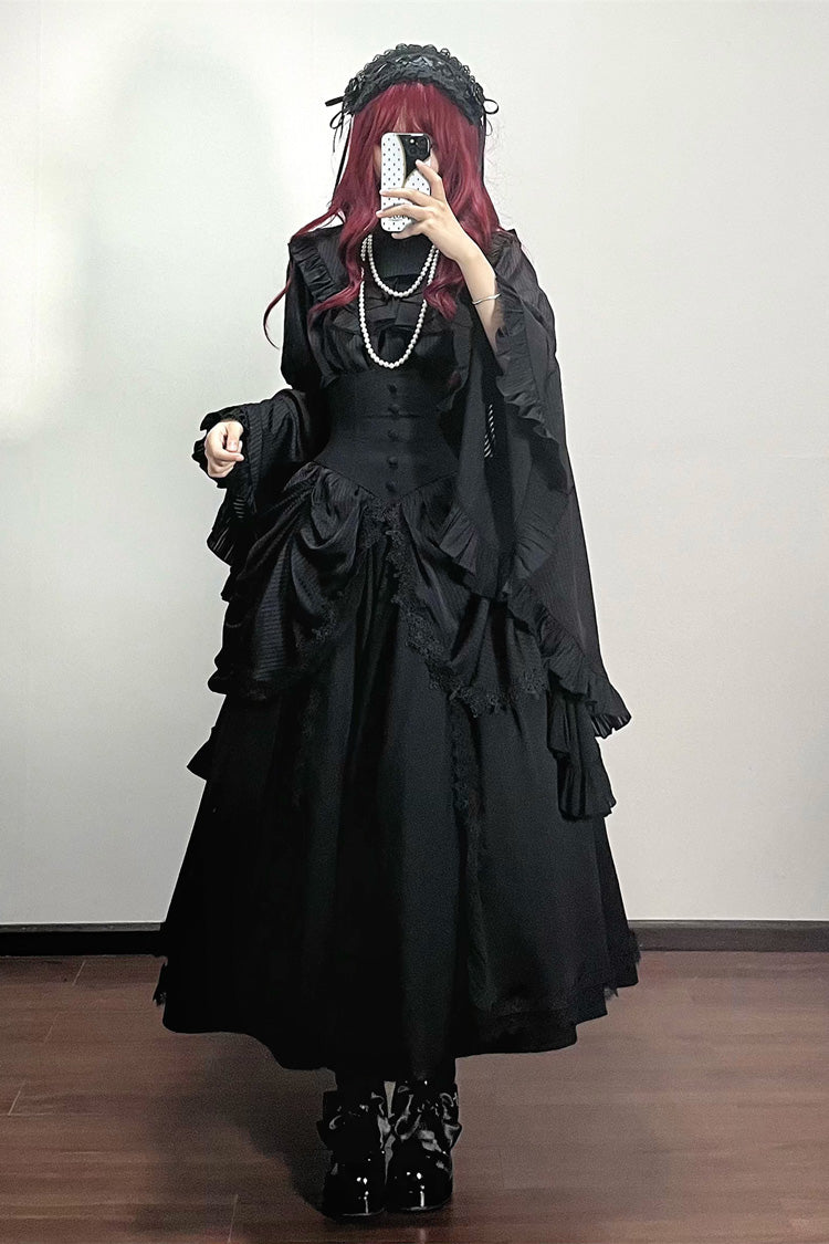 Black [Sleepwalking] Long Hime Sleeves Stitching Lace Plus Size Gothic Elegant Lolita Skirt Set