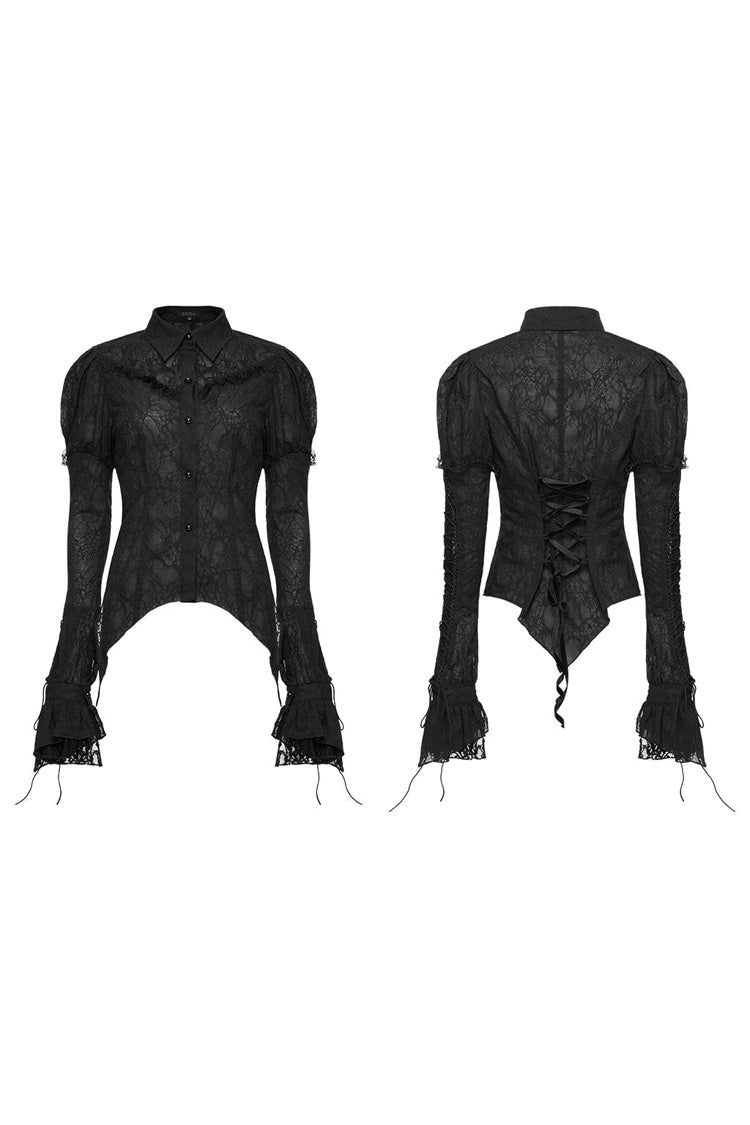 Women's Lapel Collar Long Sleeves Print Stitching Lace Gothic Blouse 2 Colors