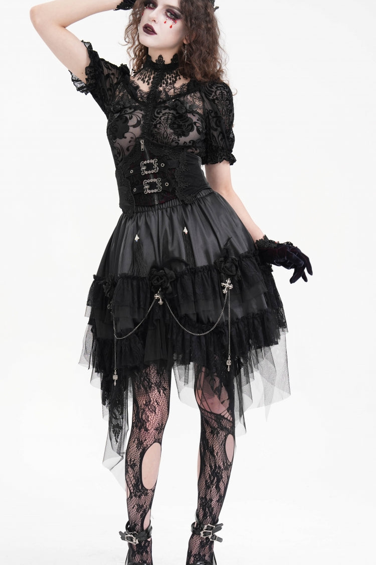 Black Cross Chain Ruffle Lace Irregular Hem Women's Gothic Skirt