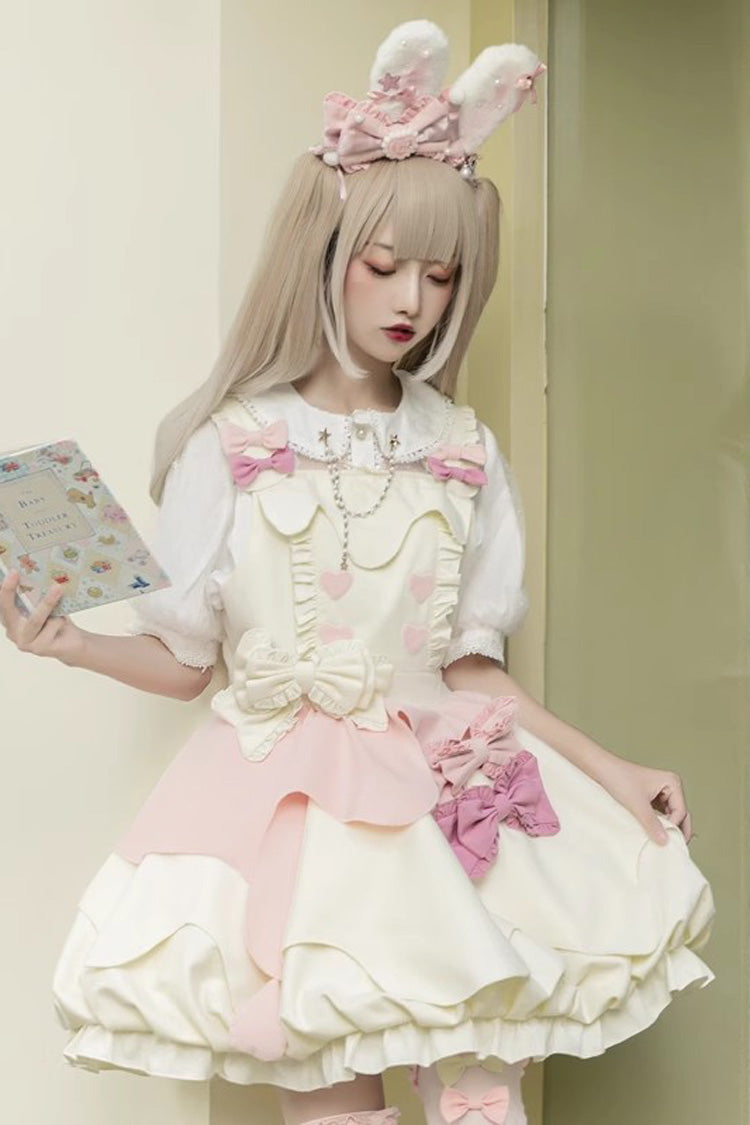 Rosa/Weiß [Milk Fufu] Ärmelloses, süßes Lolita JSK-Kleid mit Rüschen und Schleife