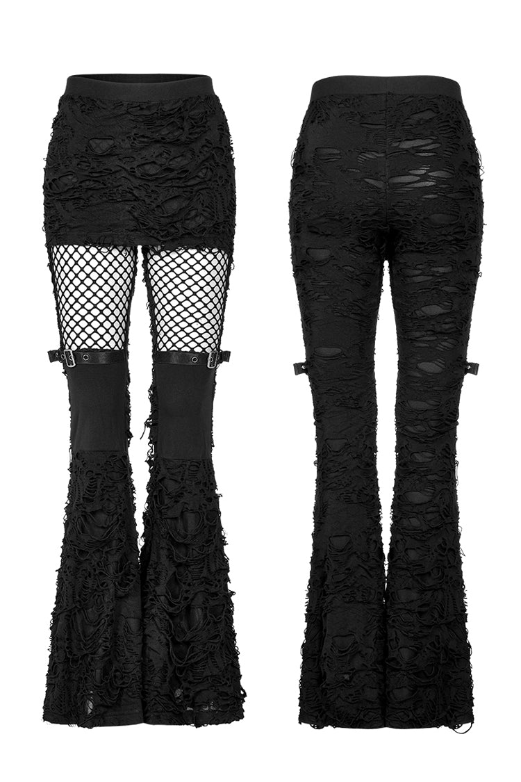 Black Stitching Mesh Ripped Women's Punk Flared Pants