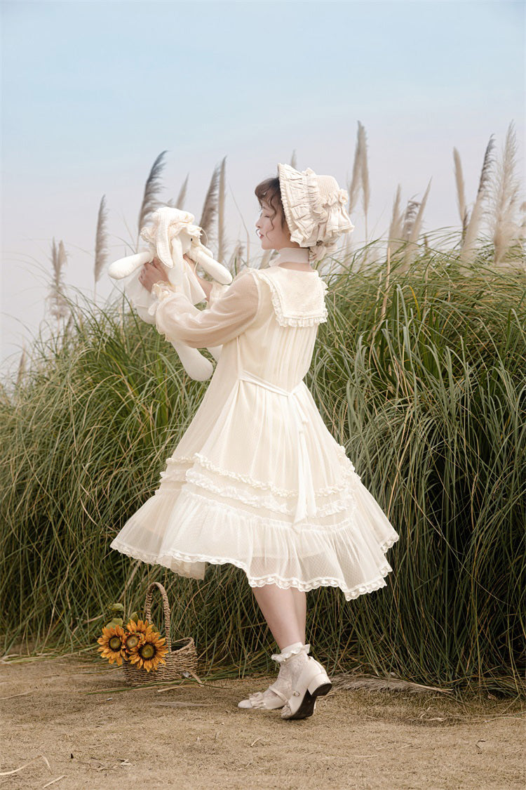 Ivory [Sunflower Diary] Long Sleeves Ruffle Embroidery Bowknot Lace Chiffon Sweet Princess Lolita Dress