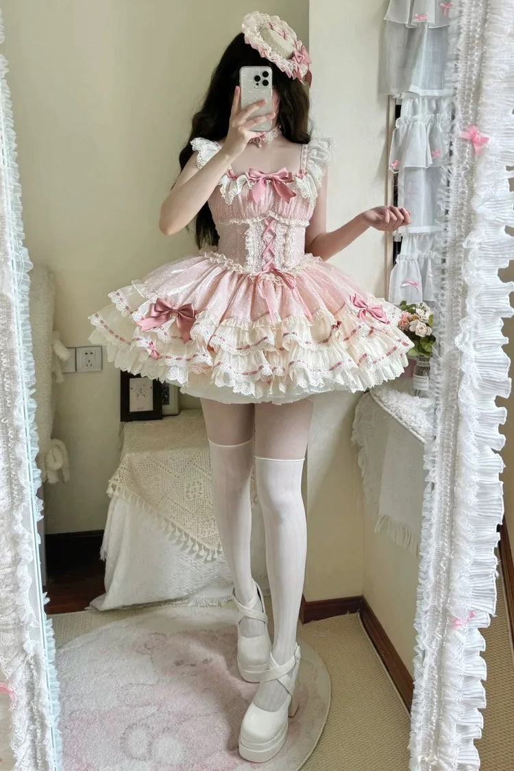 Pink Triple-Layered Bowknot Lace-Up Sweet Princess Ballet Lolita Jsk Dress