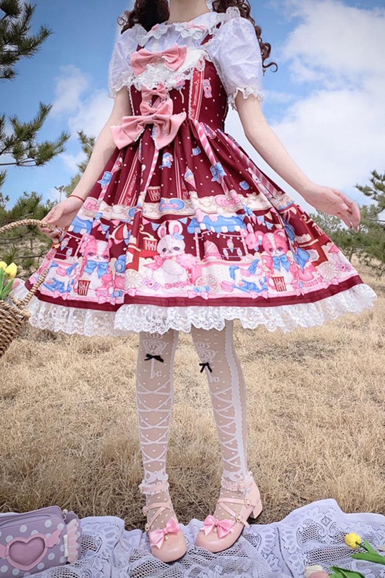 Wine Red Doll Playground Print Ruffle Bowknot Sweet Lolita Jsk Dress