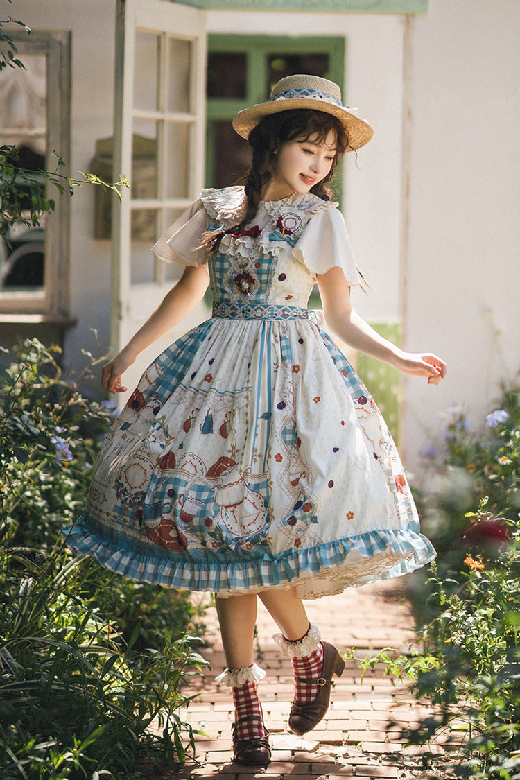 Blue/Green [Tea Party] Print Ruffle Bowknot Lace Sweet Elegant Lolita Jsk Dress