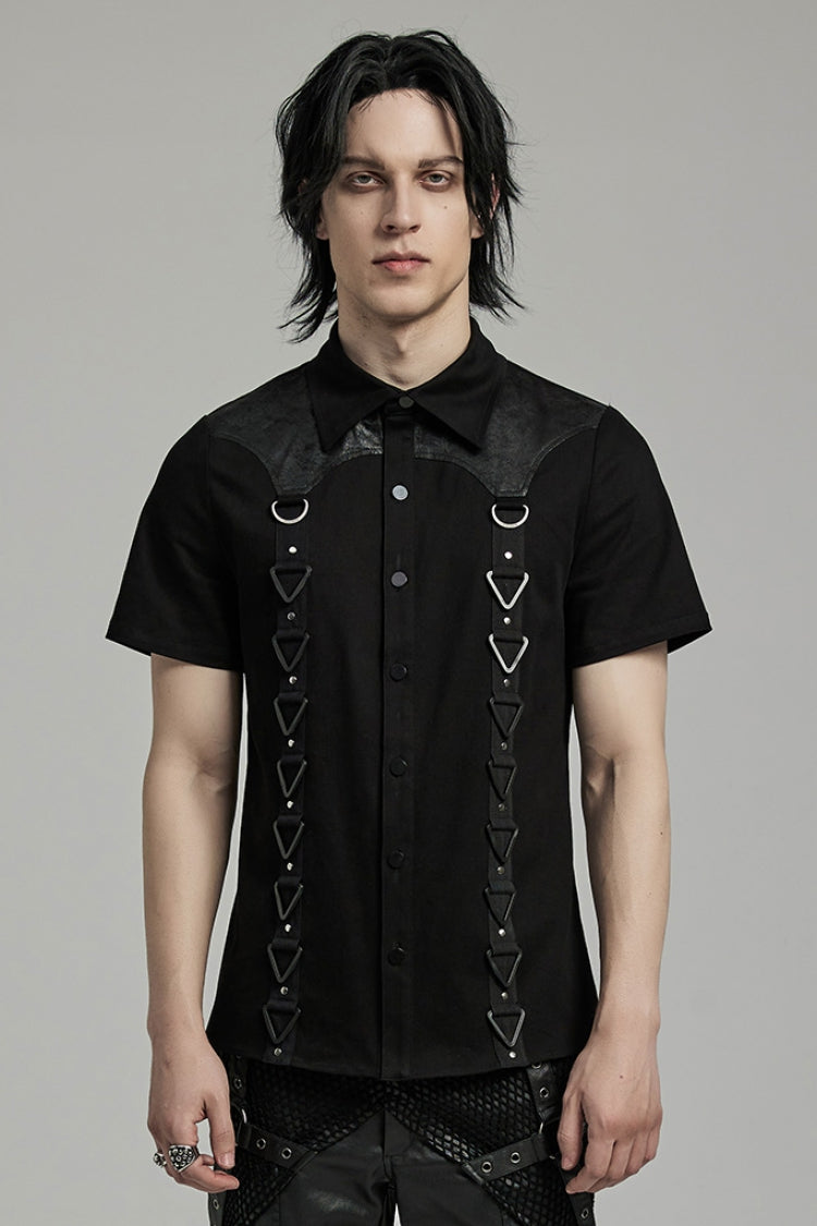 Black Lapel Collar Short Sleeves Stitching Men's Punk Blouse