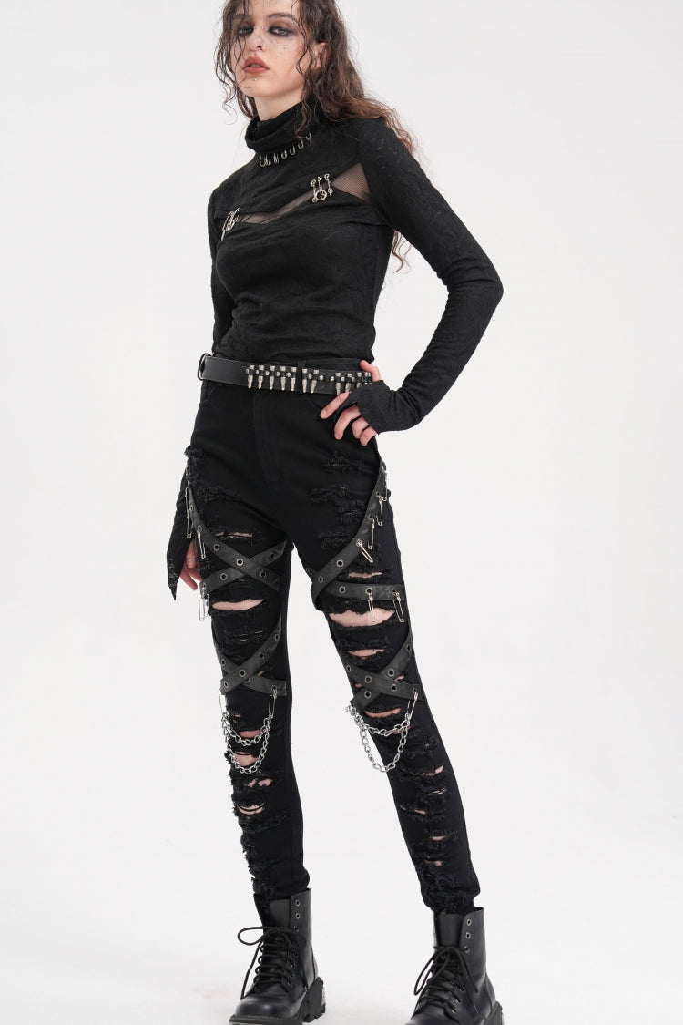 Black Chain Mesh Ripped Women's Punk Pants